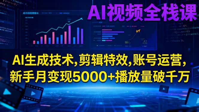 AI视频全栈课:AI生成技术,剪辑特效,账号运营,新手月变现5000+播放量破千万-柒染云阁