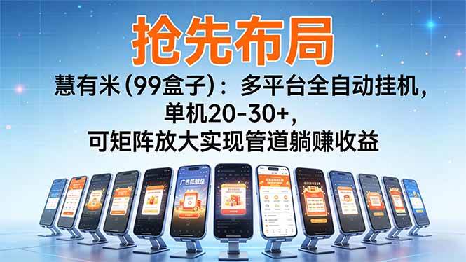 【抢先布局】慧有米（99盒子）：多平台全自动挂机，单机20-30+，可矩阵放大实现管道躺赚收益