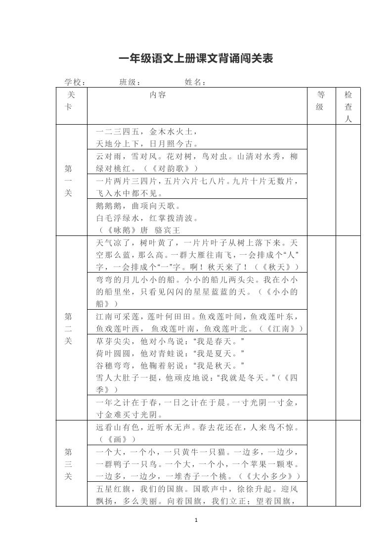 一年级上册语文背诵课文内容及闯关表-柒染云阁